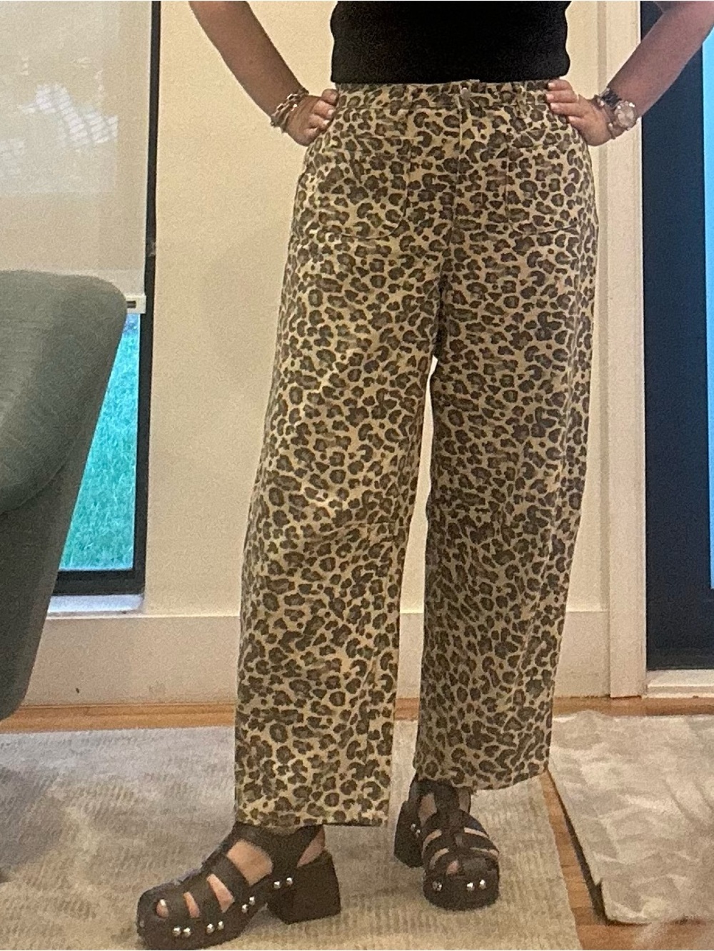 Aqua Tan and Black Leopard Print Pants